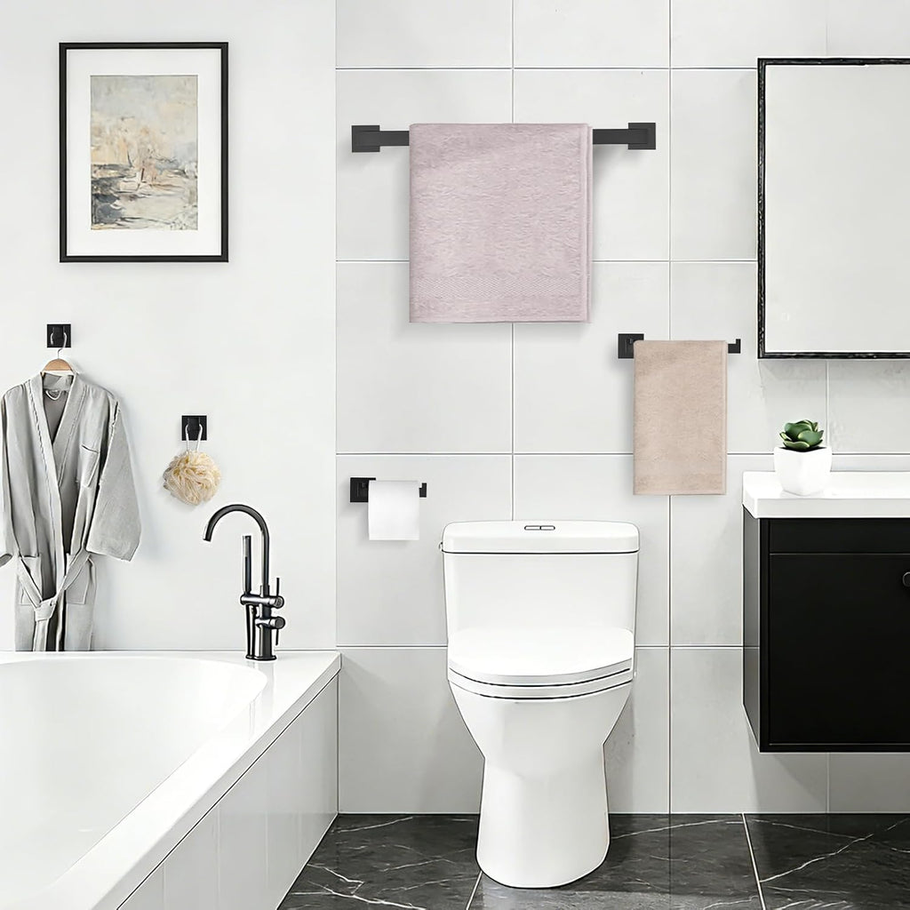 TURS 4-Piece Bathroom Hardware Set Black Towel Bar Set Stainless Steel Towel Bar Hand Towel Holder Toilet Paper Holder Towel Hooks Wall Mount