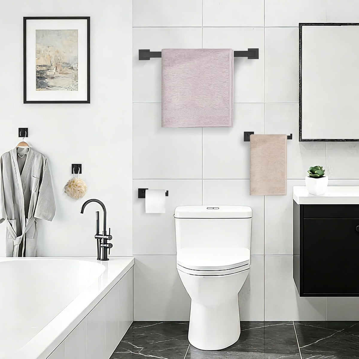 TURS 4-Piece Bathroom Hardware Set Black Towel Bar Set Stainless Steel Towel Bar Hand Towel Holder Toilet Paper Holder Towel Hooks Wall Mount
