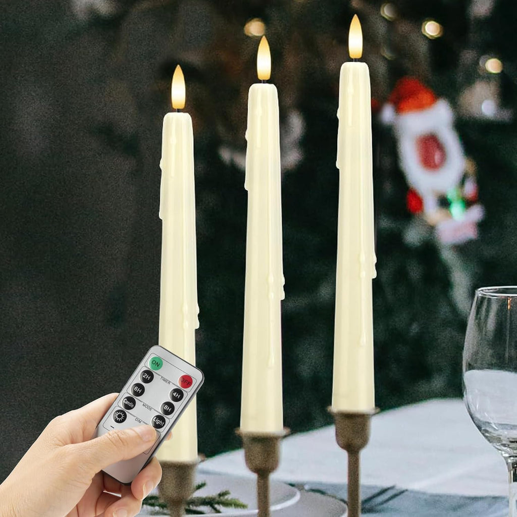 Dripless Flameless Taper Candles with Remote, Real Wax Battery Operated LED Candles Set with 3D Flickering Flame, 9.6" Realistic Dripless Candlesticks for Wedding Home Decor, 3 Pack Ivory