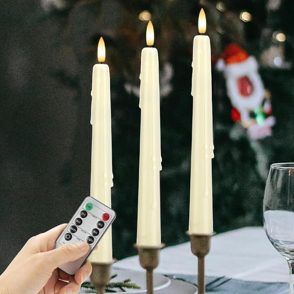Dripless Flameless Taper Candles with Remote, Real Wax Battery Operated LED Candles Set with 3D Flickering Flame, 9.6" Realistic Dripless Candlesticks for Wedding Home Decor, 3 Pack Ivory