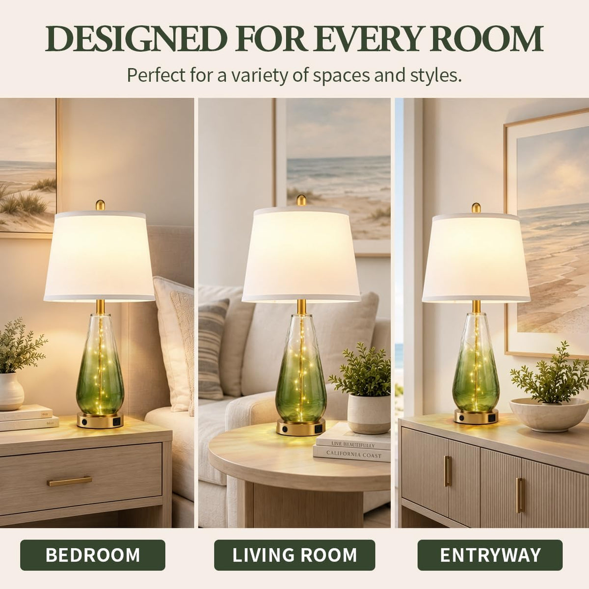 27" Green Glass Table Lamps Set of 2, Coastal Lamp for Living Room