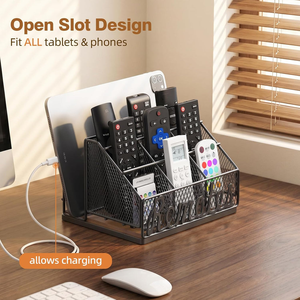 9-Slot Remote Control Holder, Farmhouse Remote Caddy, Brown+Black