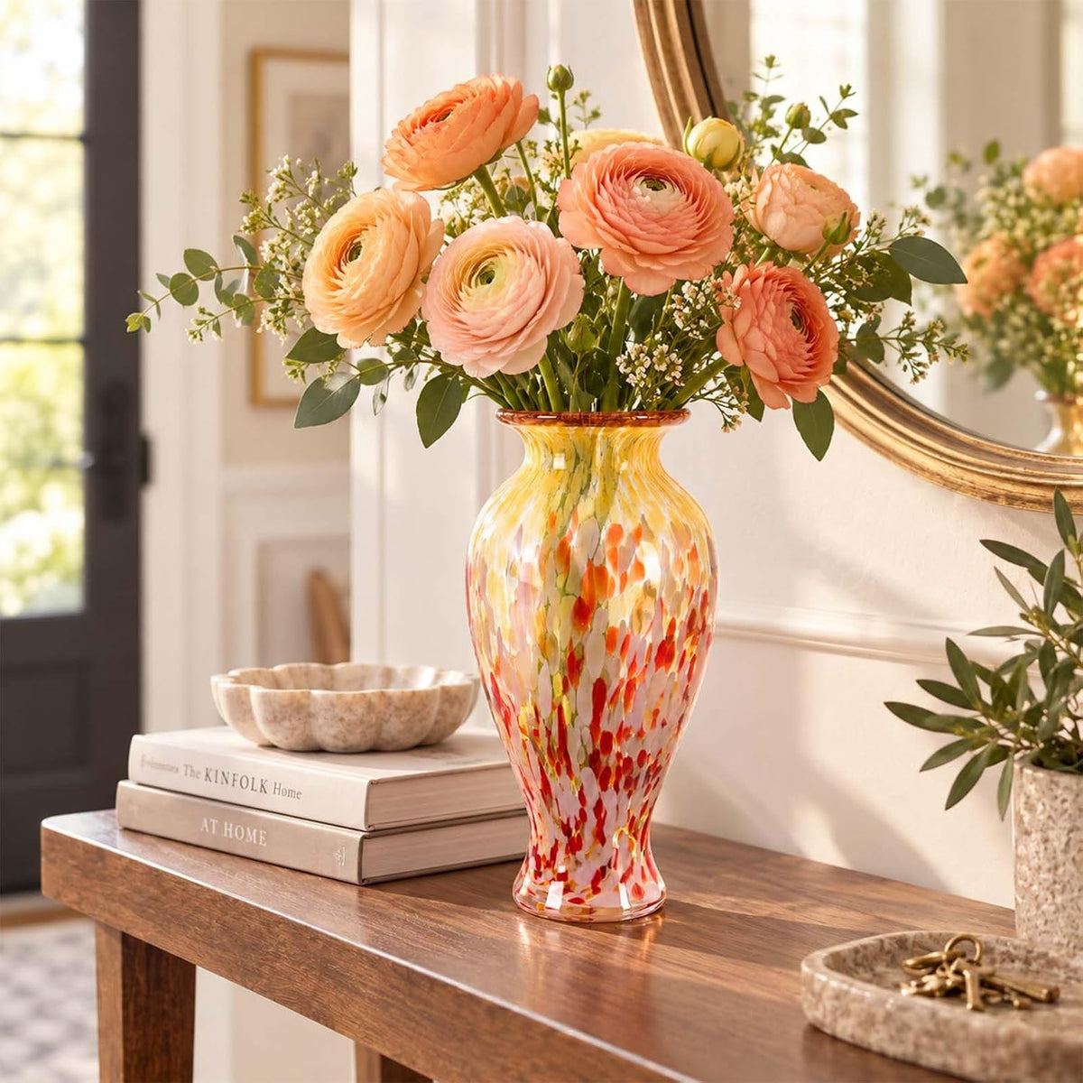 11.8" Tall Glass Vase Beautiful Hand Blown Glass Vase Modern Art Home Decor, Wide Mouth Colorful Vases for Mantle Dining Table Centerpiece, Entryway Living Room Wedding Decoration (Amber Swirl)