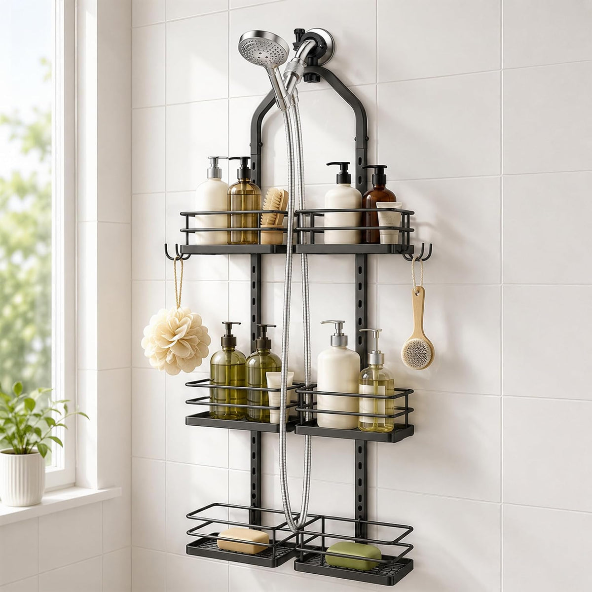 3-Tier Hanging Shower Caddy for Handheld Showerhead, Matte Black