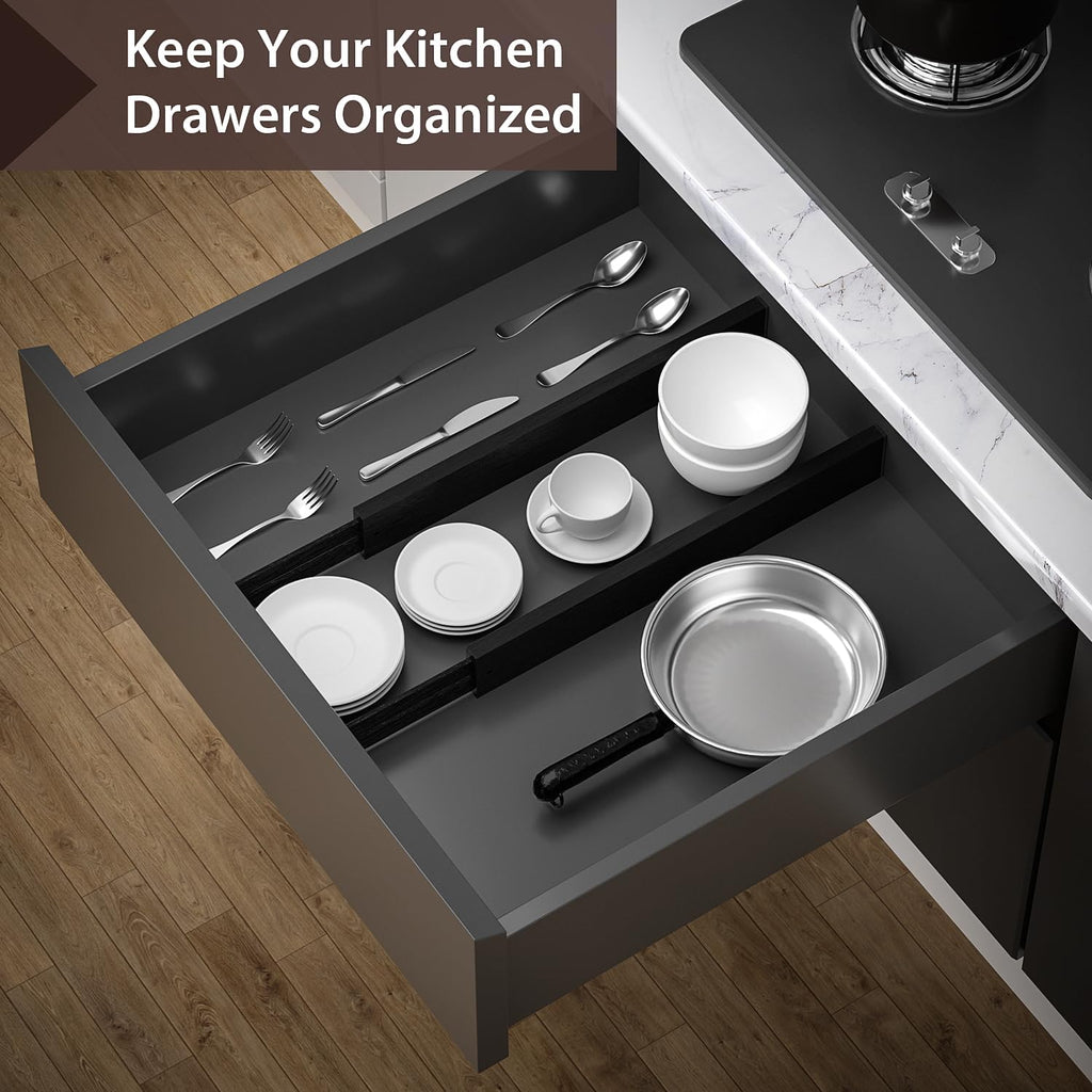 4 Pack Bamboo Drawer Dividers 17-22" Adjustable Kitchen Organizer, Black