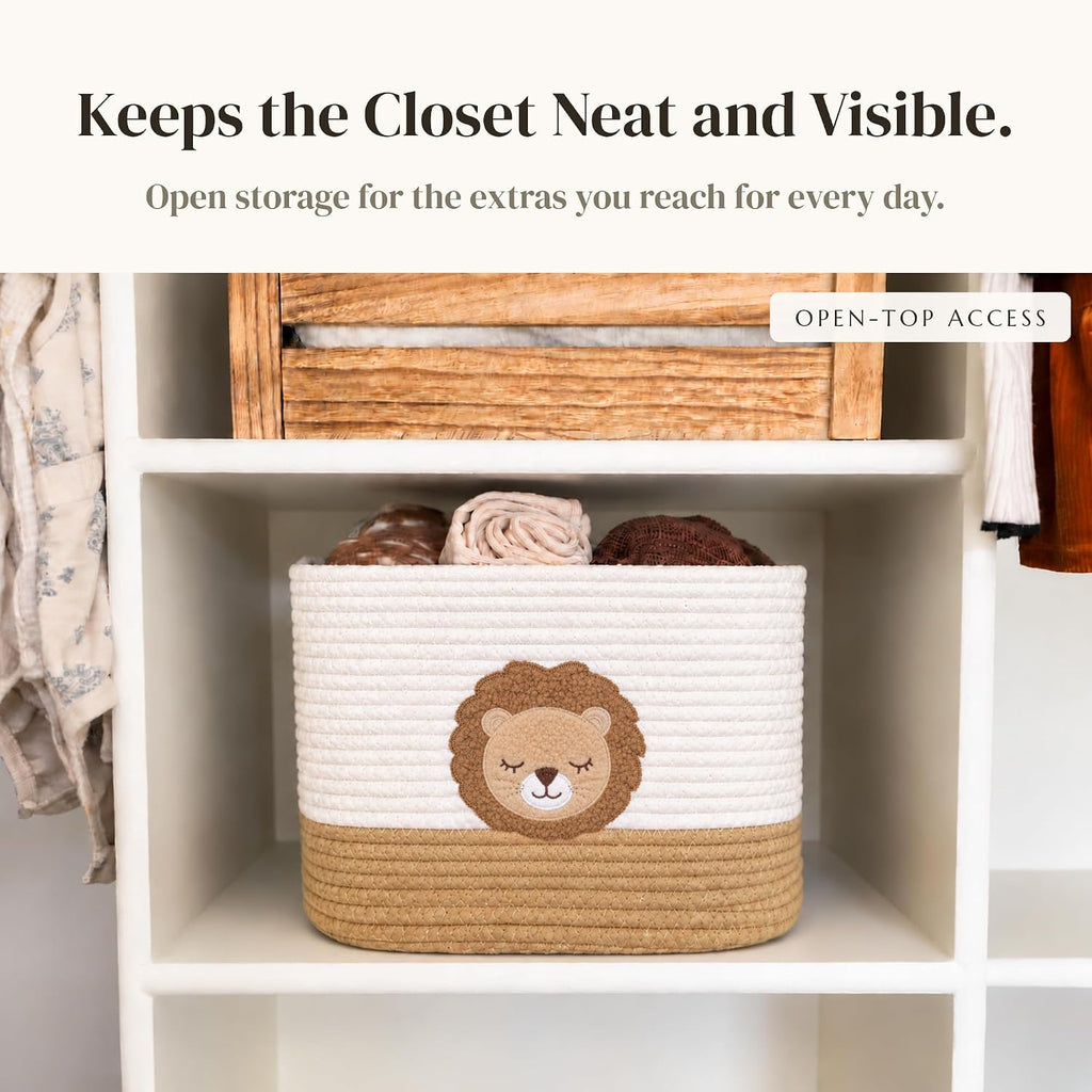 Lion Baby Storage Basket, Woven Cotton Rope Nursery Bin, 13x10x9 in