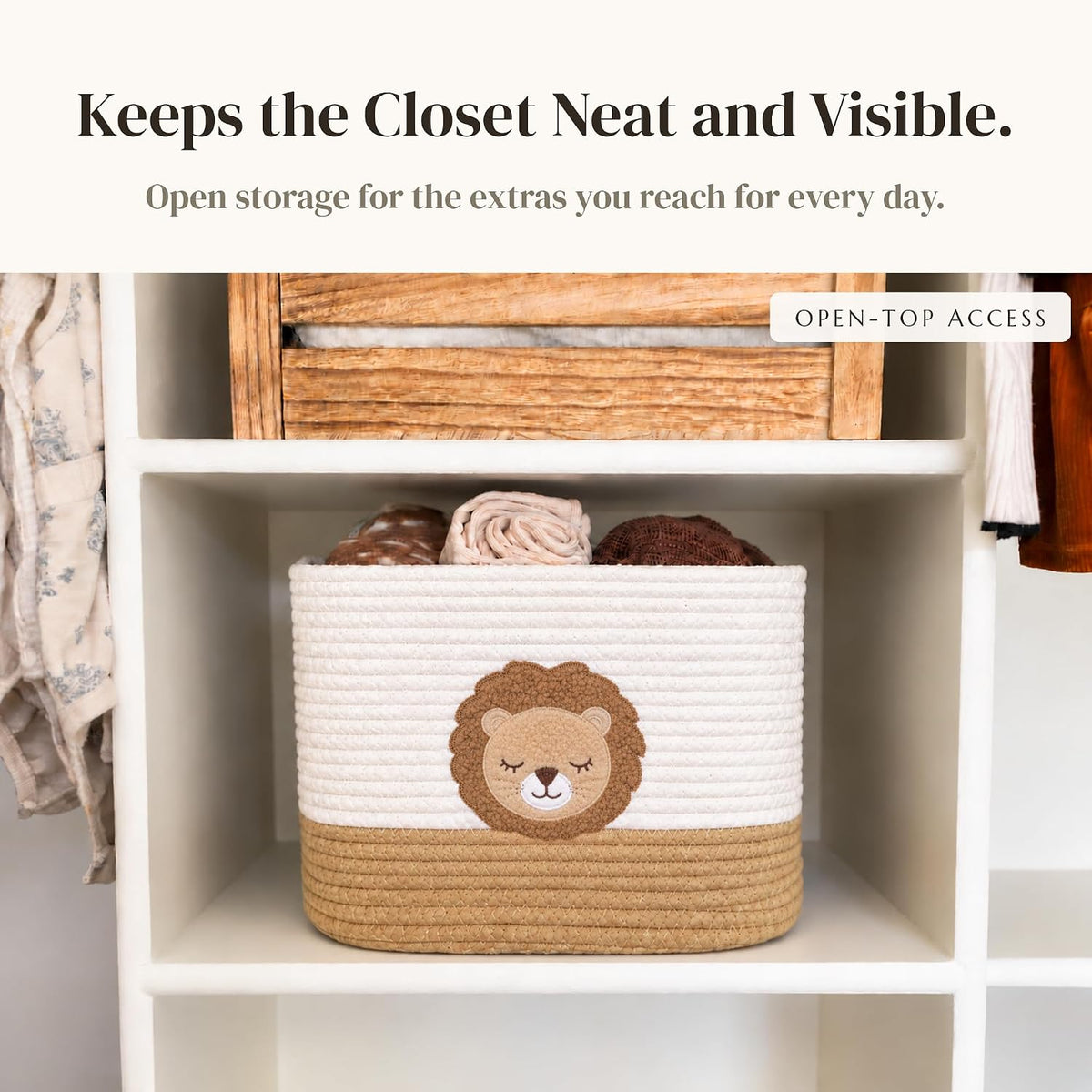 Lion Baby Storage Basket, Woven Cotton Rope Nursery Bin, 13x10x9 in