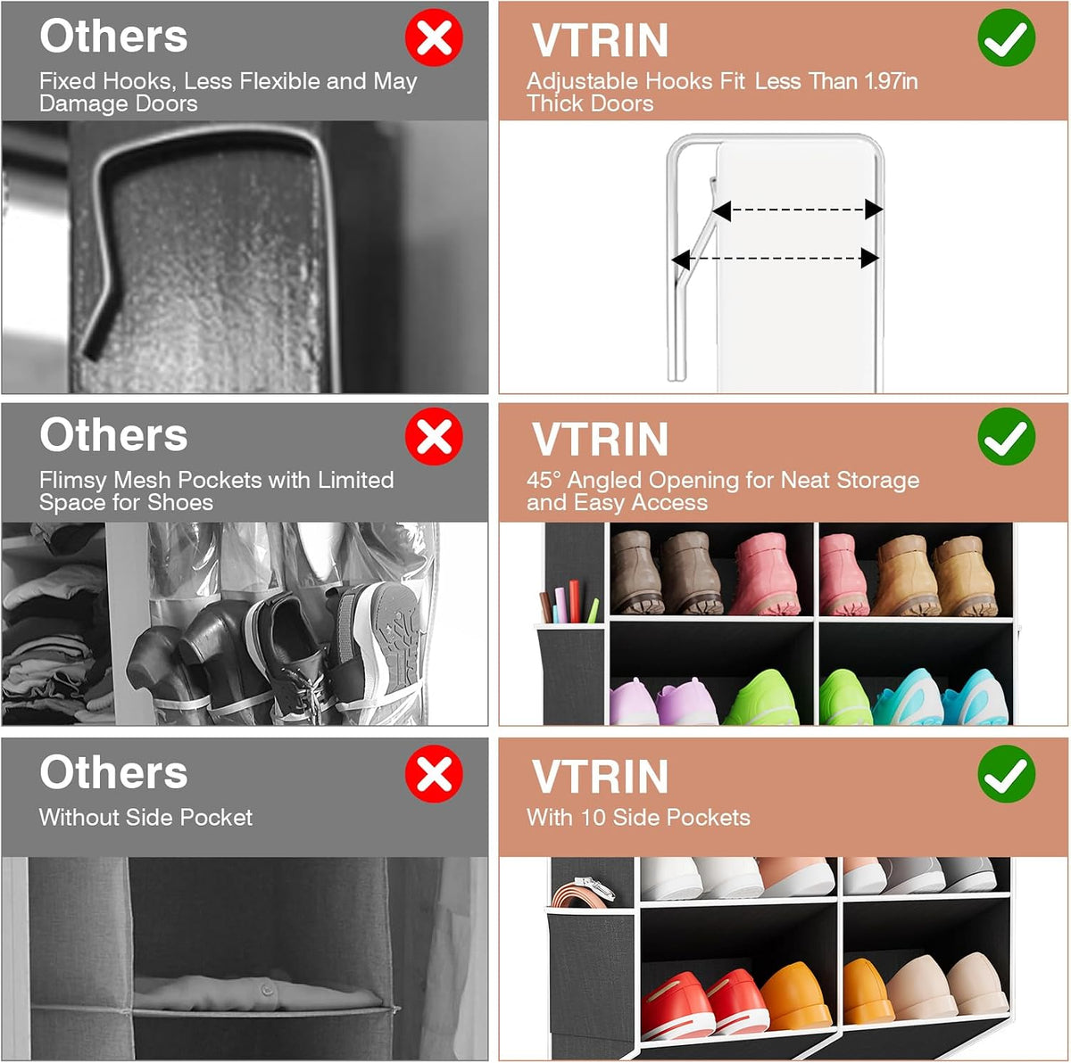 VTRIN 30 Pairs Over the Door Shoe Organizer, Large Capacity 10-Tier Hanging Shoe Organizer with 20 Deep Pockets for Sneakers Boots Heels, Space Saving Shoe Rack for Door with 10 Side Pockets, Black