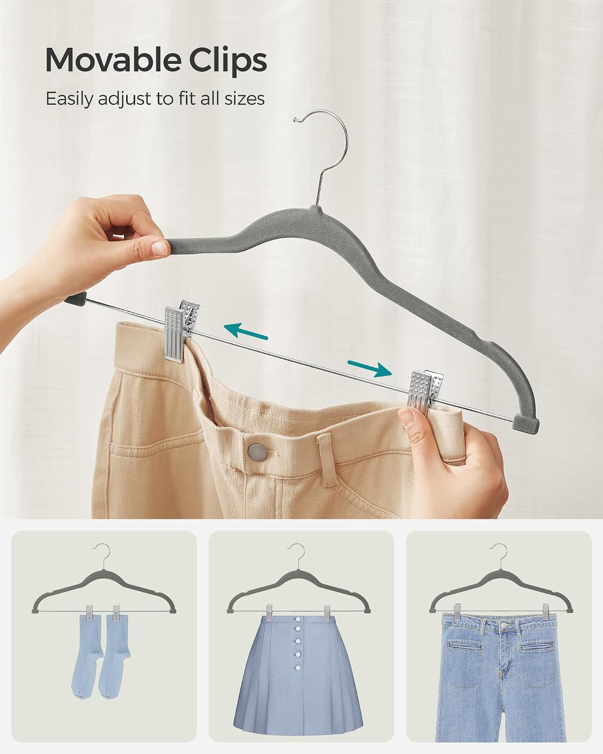 SONGMICS 20-Pack Pants Hangers, Velvet Hangers with Adjustable Clips