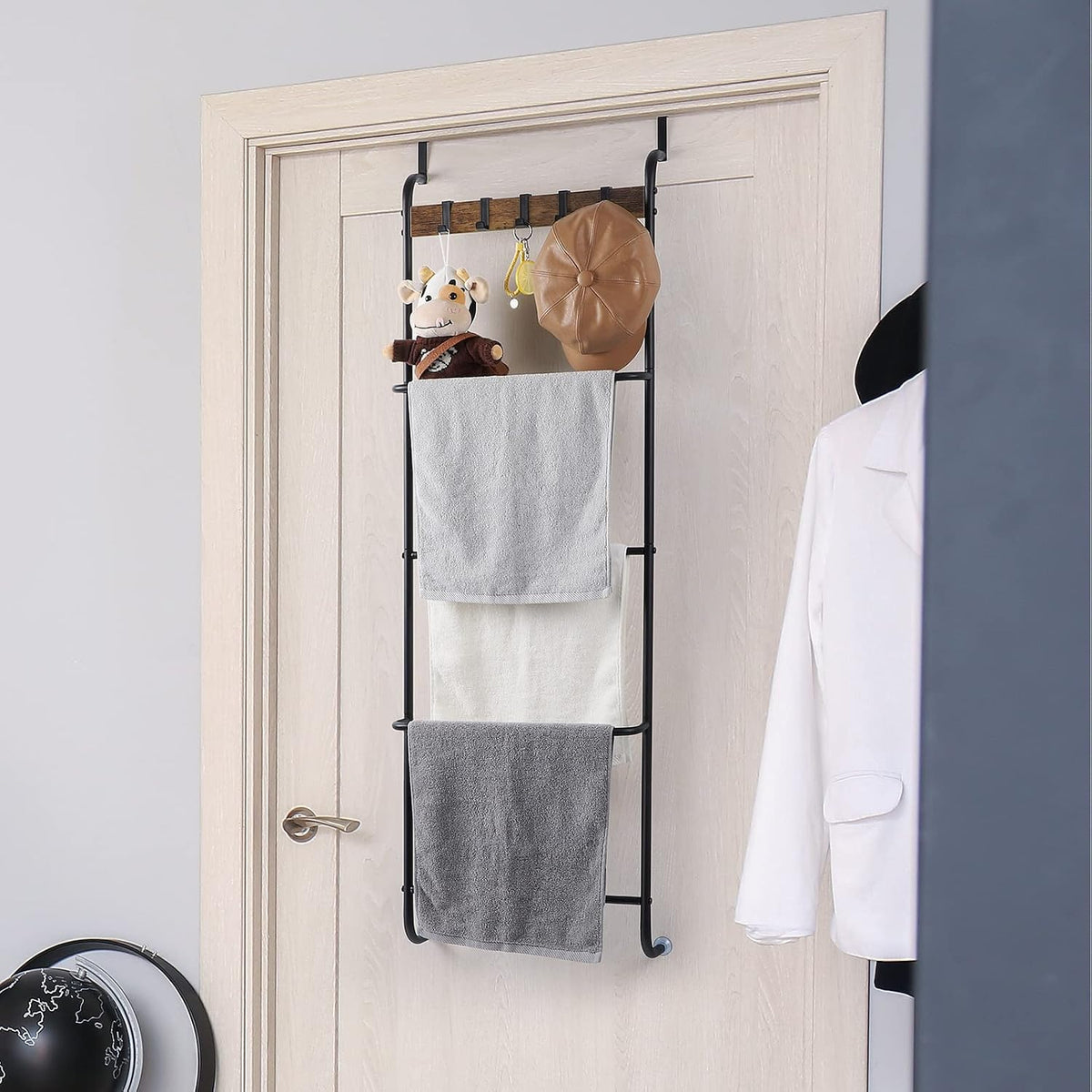 Over The Door Towel Rack Bathroom Behind Door Towel Holder with Hooks 5 Tier Over The Door Towel Bar Hanger Organizer for Bathroom Bedroom Bathroom Accessories, Metal (Black)