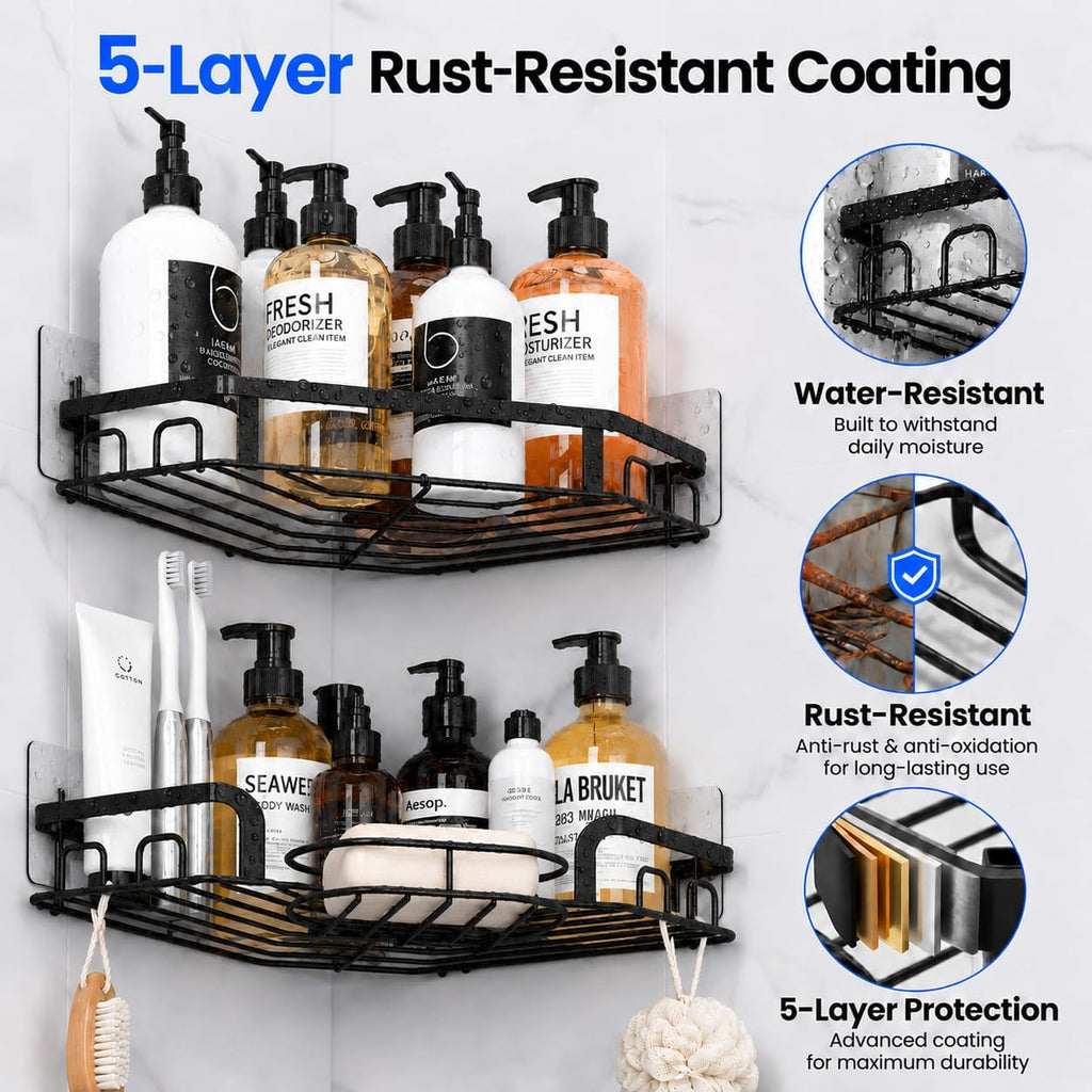 Corner Shower Caddy, Rustproof Shower Organizer with Soap Holder and 8 Hooks, No Drilling Adhesive Shower Shelves for Inside Shower, Large Capacity Shower Rack for Bathroom Shower Storage, X-Large
