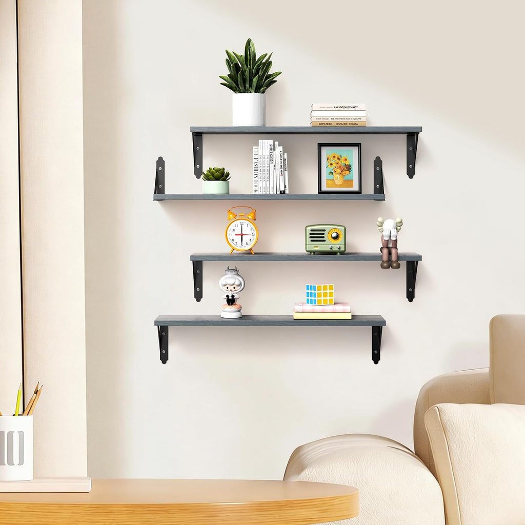 ROMGUAR CRAFT Wood Wall Floating Shelves Set of 4, 23.6" x 6" - Grey
