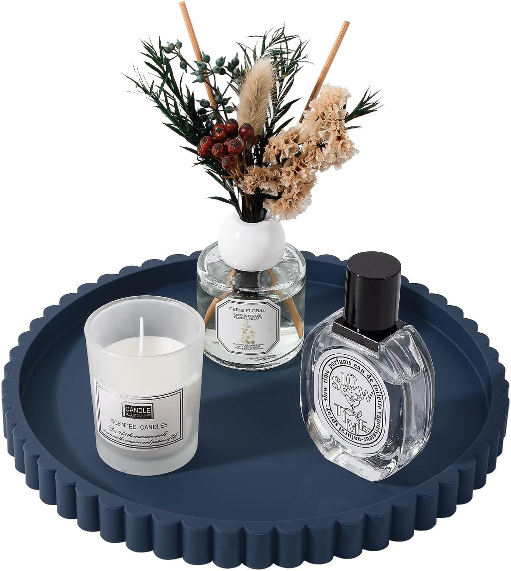 Round Bathroom Tray Perfume Organizer Coffee Table Decor, 9" Dark Blue