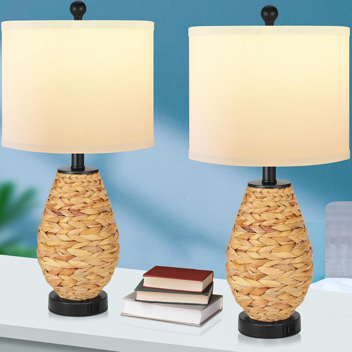 Coastal Table Lamps Set of 2, Retro Natural Seagrass Rattan Woven 25" Bedside Lamp, for Bedroom Living Room Home Nightstand Table Lamp(with USB C+A 5V 2.1A Charging Ports)
