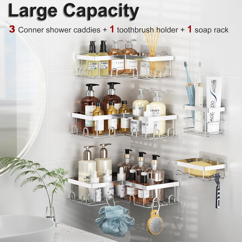 Liuoud Corner Shower Caddy 5 Pack Adhesive Stainless Steel Organizer Chrome