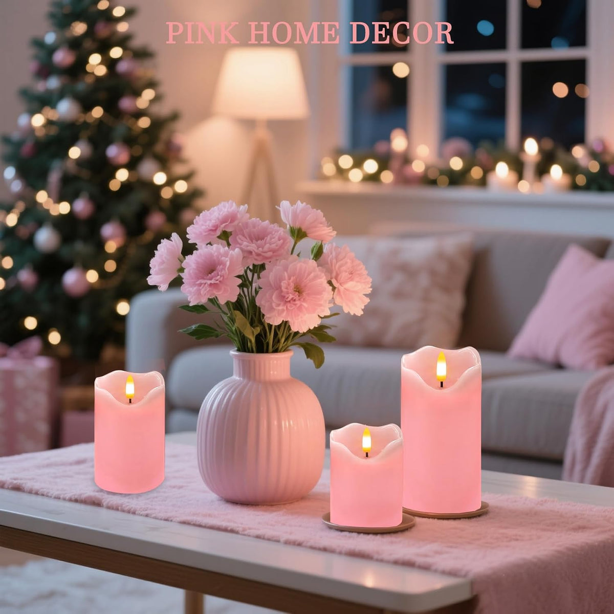 VEEKI Pink Flameless Candles Set of 3, Pastel Candles with Remote & Timer