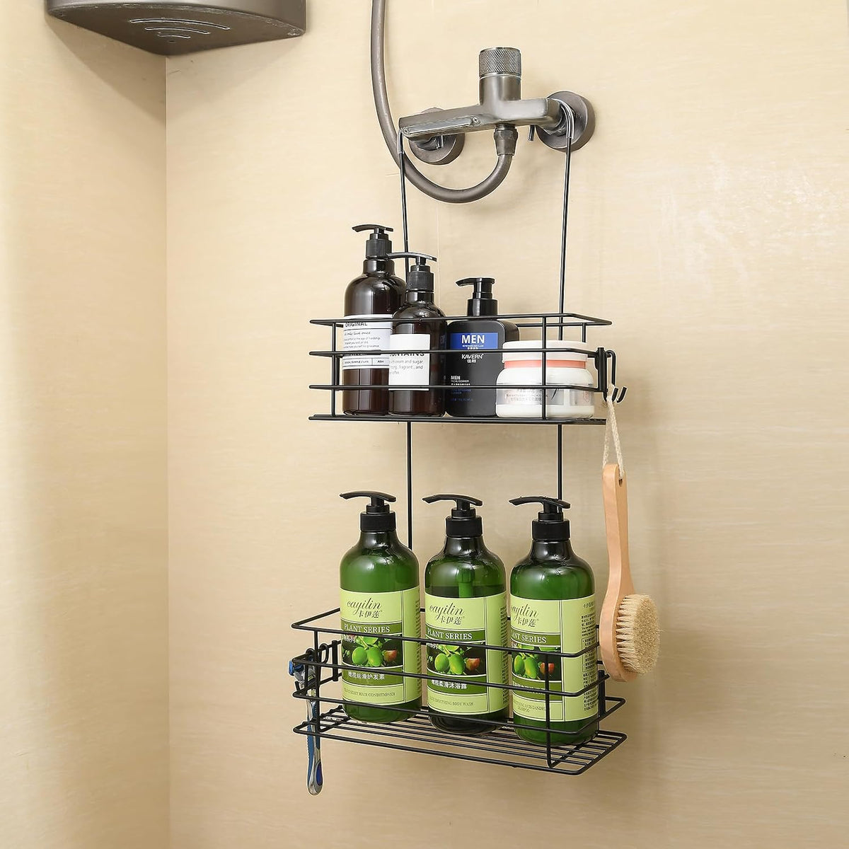 2-Tier Shower Caddy Hanging Shower Rack with Hooks Over The Door