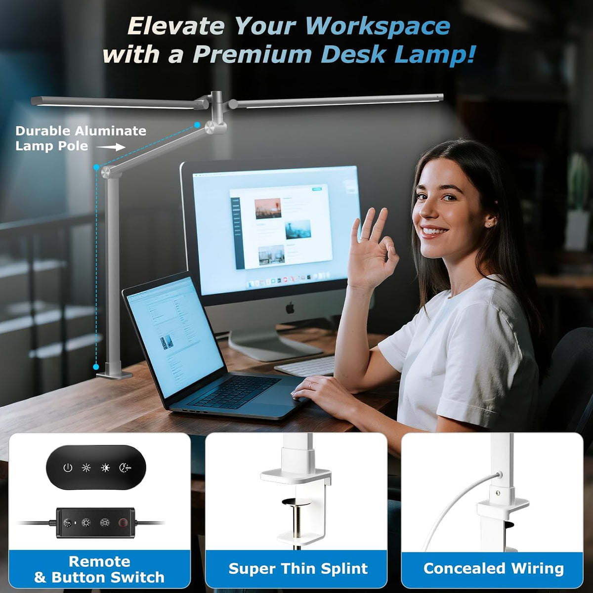 Airlonv LED Desk Lamp, Double Swing Arm Wide Lighting Area Desk Lamps for Home Office with Stepless Dimming, Eye-Caring Architect Desk Light with Clamp for Reading, Study, Workbench, (Grey)