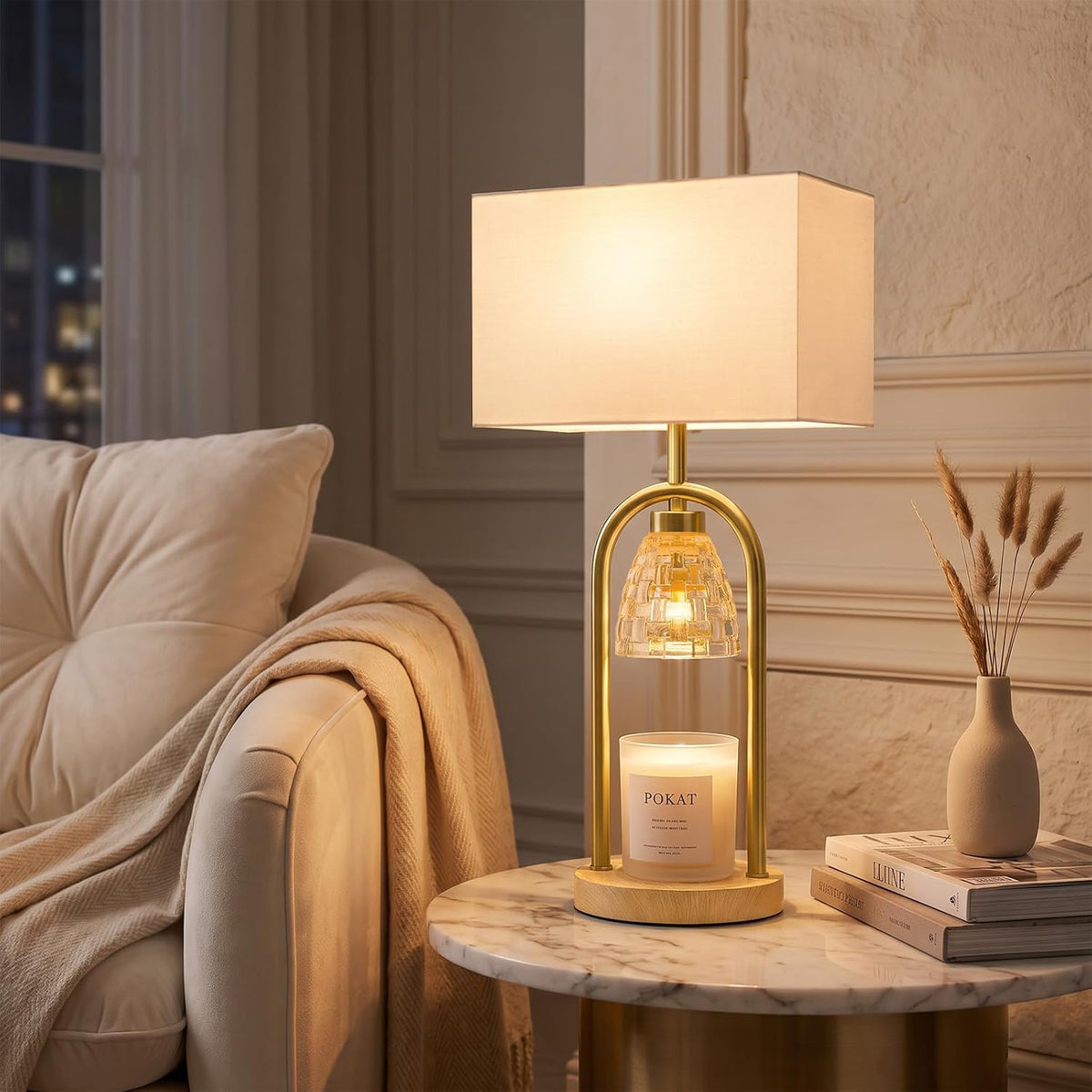 PoKat 22'' Table Lamp with Candle Warmer for Bedroom, Farmhouse Wood & Gold