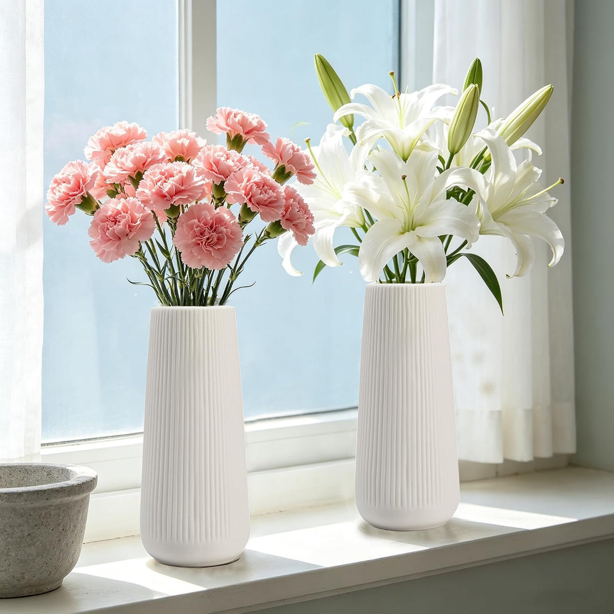 Ceramic Vase for Flower, Pampas Grass Vase, 7.8''H Ribbed, White, 2pcs
