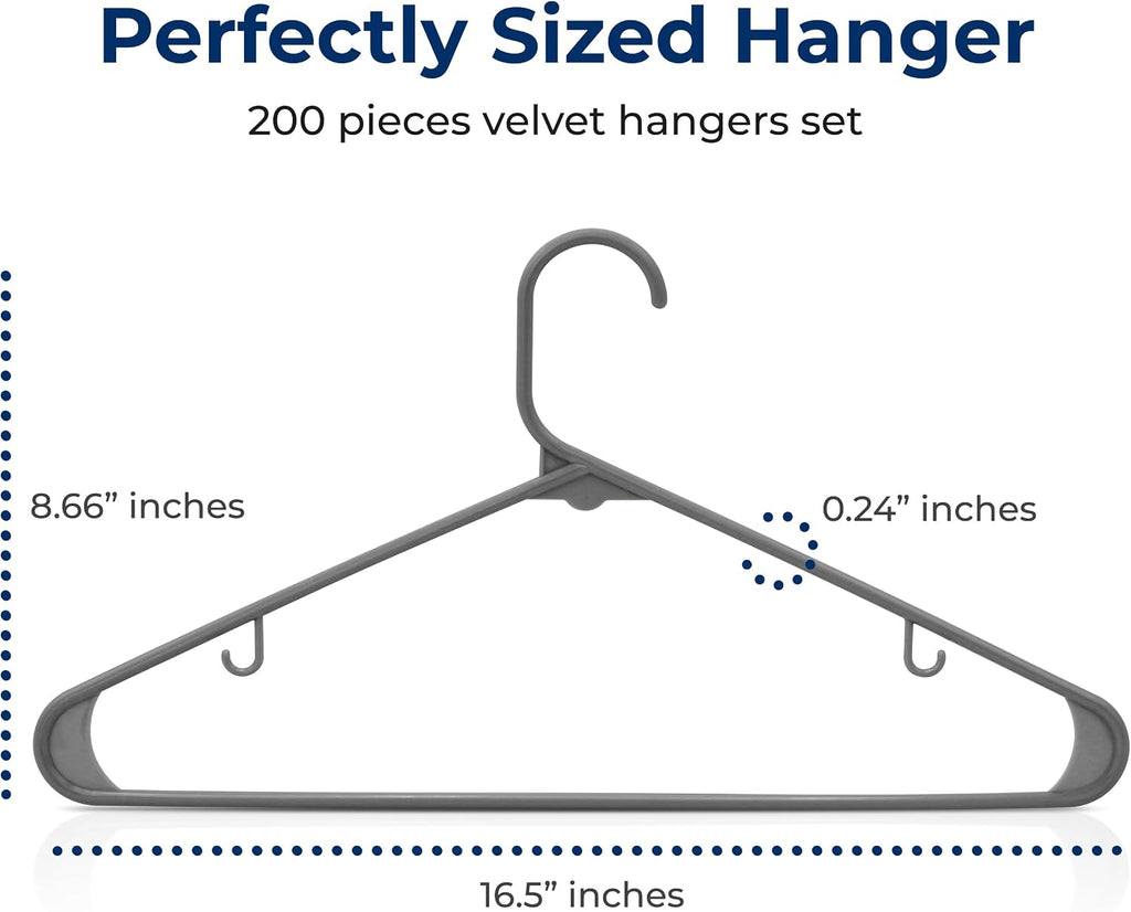 SereneLife 200 Pack Plastic Hangers, Non-Slip, Space-Saving Closet Organizers, Durable and Strong for Shirts, Sweaters, Hoodies, Kids Clothes & Dresses, Ultra-Thin, Lightweight
