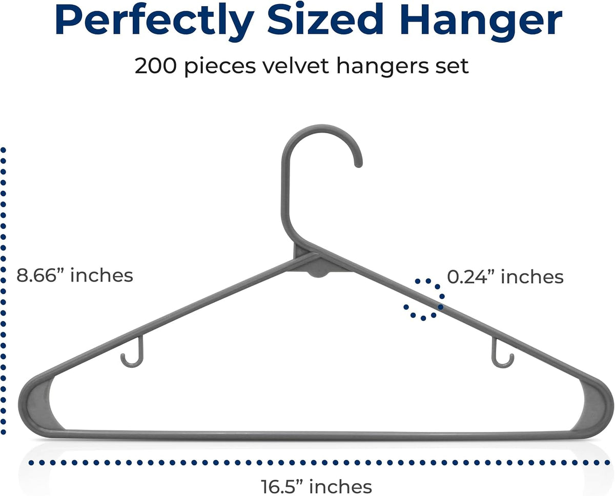 SereneLife 200 Pack Plastic Hangers, Non-Slip, Space-Saving Closet Organizers, Durable and Strong for Shirts, Sweaters, Hoodies, Kids Clothes & Dresses, Ultra-Thin, Lightweight