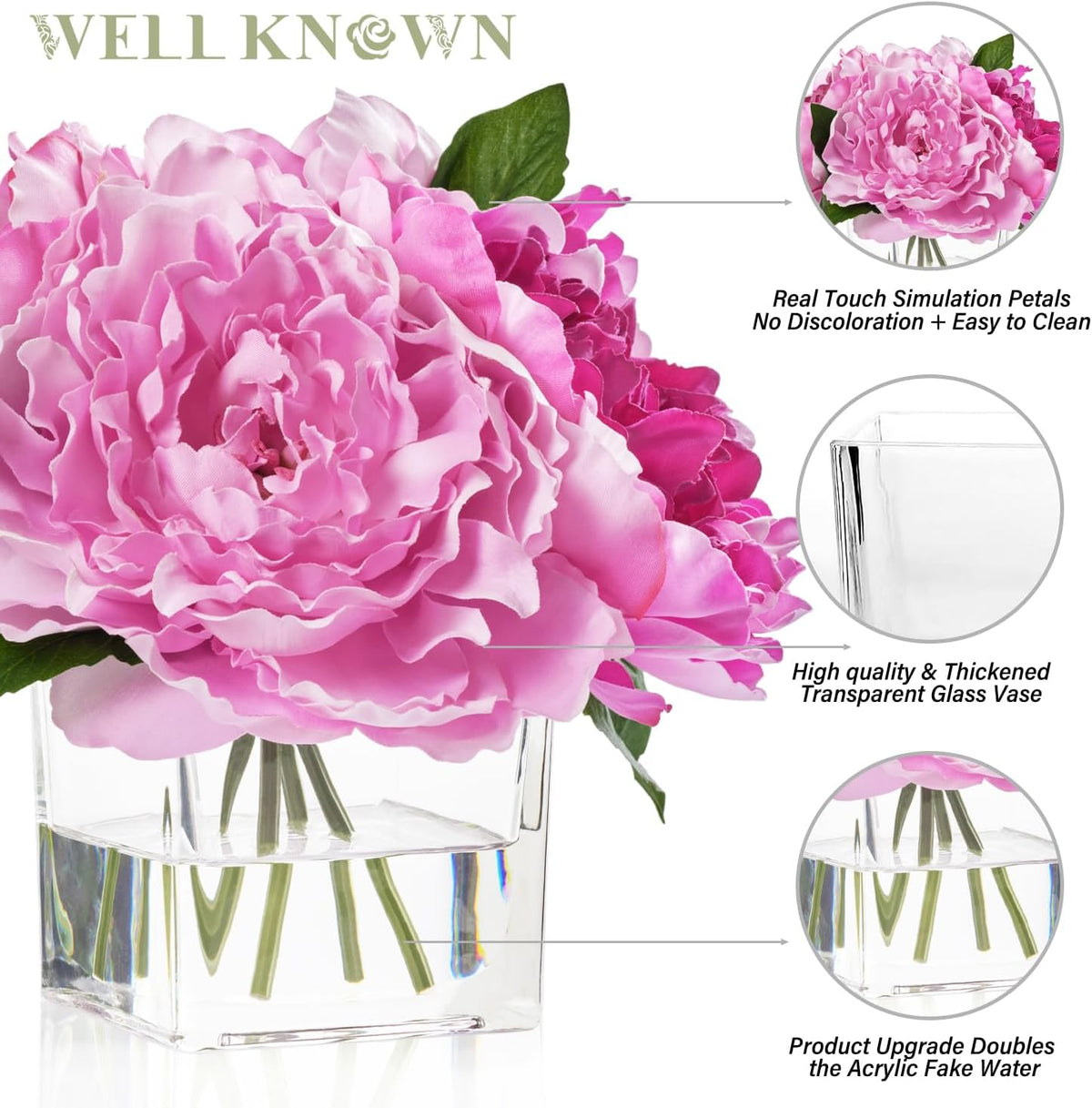 Artificial Peonies Flowers Arrangements in Cube Glass Vase, WELLKNOWN Silk Flower Centerpieces for Dining Room Table, Coffee Table Decor, Faux Peony Flowers with Faux Water (Bicolor Purple)