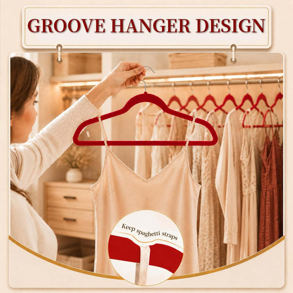 Velvet Felt Hangers 50 Pack, Non Slip, Slim, Space Saving, Red