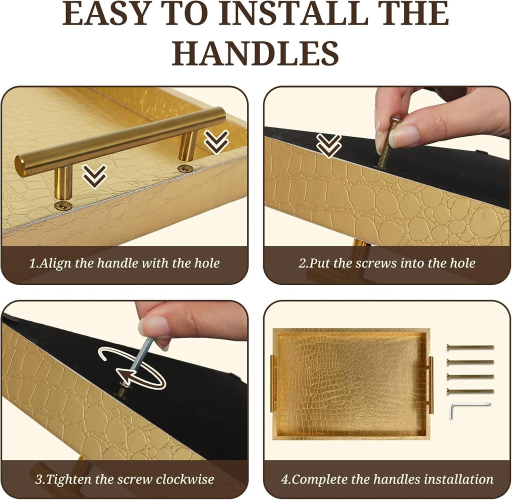 SXNOWS Faux Leather Serving Tray with Gold Handles, Glossy Gold