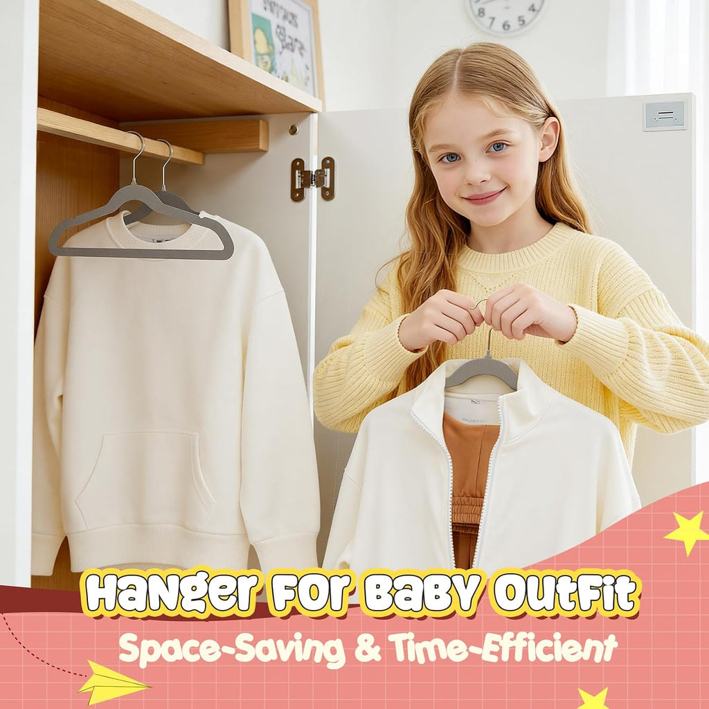 Korpai 50 Pack Baby Velvet Hangers 11 Inch, Non-Slip, Ultra Slim,Space-Saving Baby Hangers with 360° Swivel Hook, 7LBS Capacity, Toddler & Baby Romper/Dresses/Shirts/Coats/, Grey