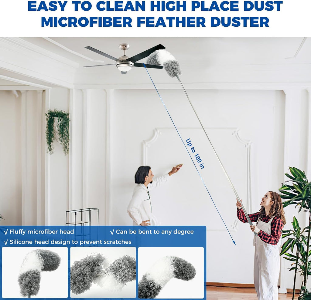 4 Pcs Dusters for Cleaning, 2 in 1 Microfiber Dusters and Retractable Gap Dust Cleaner with 1 Microfiber Dusting Cloths Long Handle 30-100 Inches Extension Pole for Ceiling Fan Cleaning Supplies