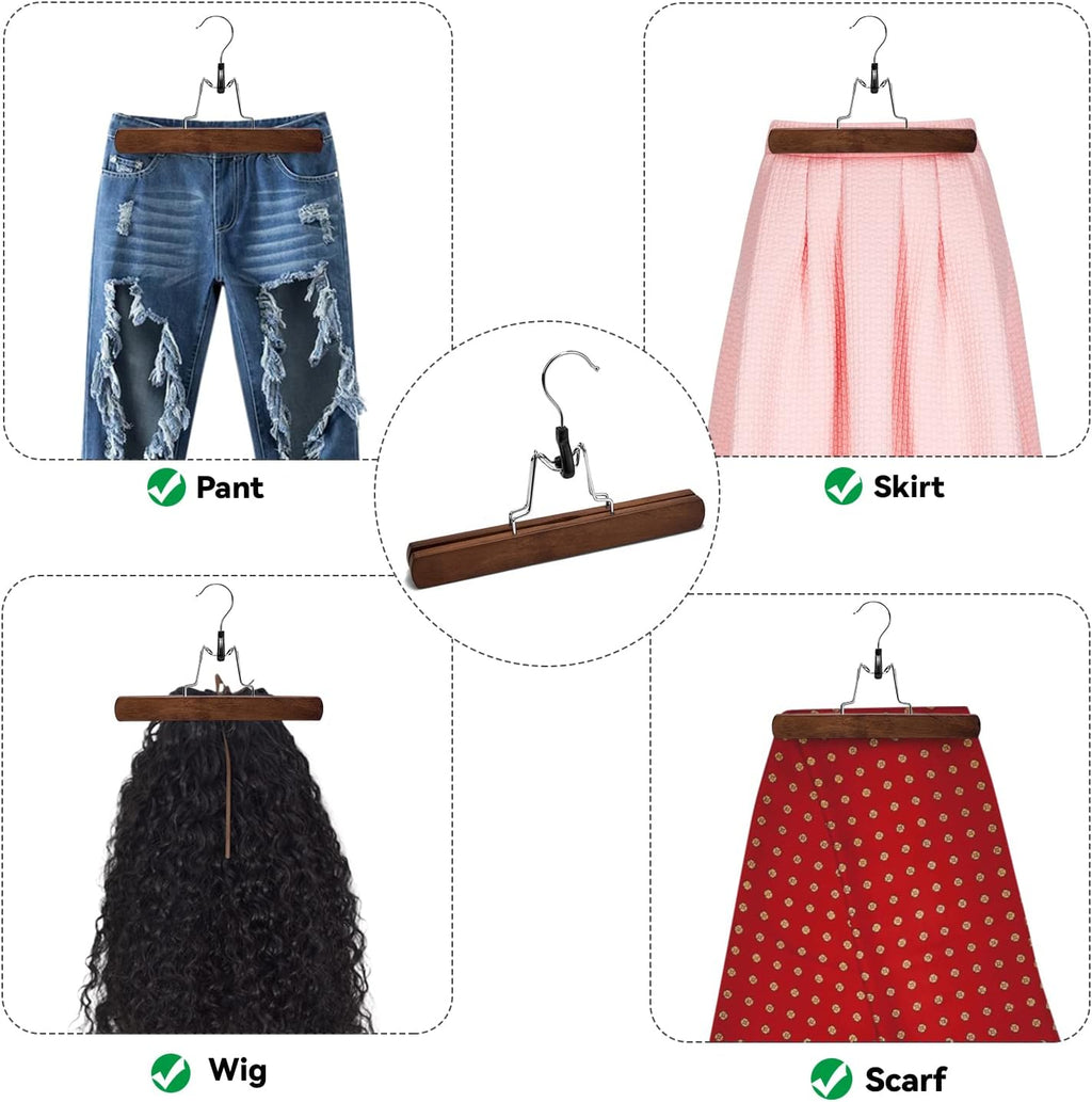 Nature Smile Wooden Pants Skirt Hangers, Smooth Finish Solid Wood Non Slip Jeans Slack Clamp Hangers Hair Extension Hangers (10 Pack Retro)…