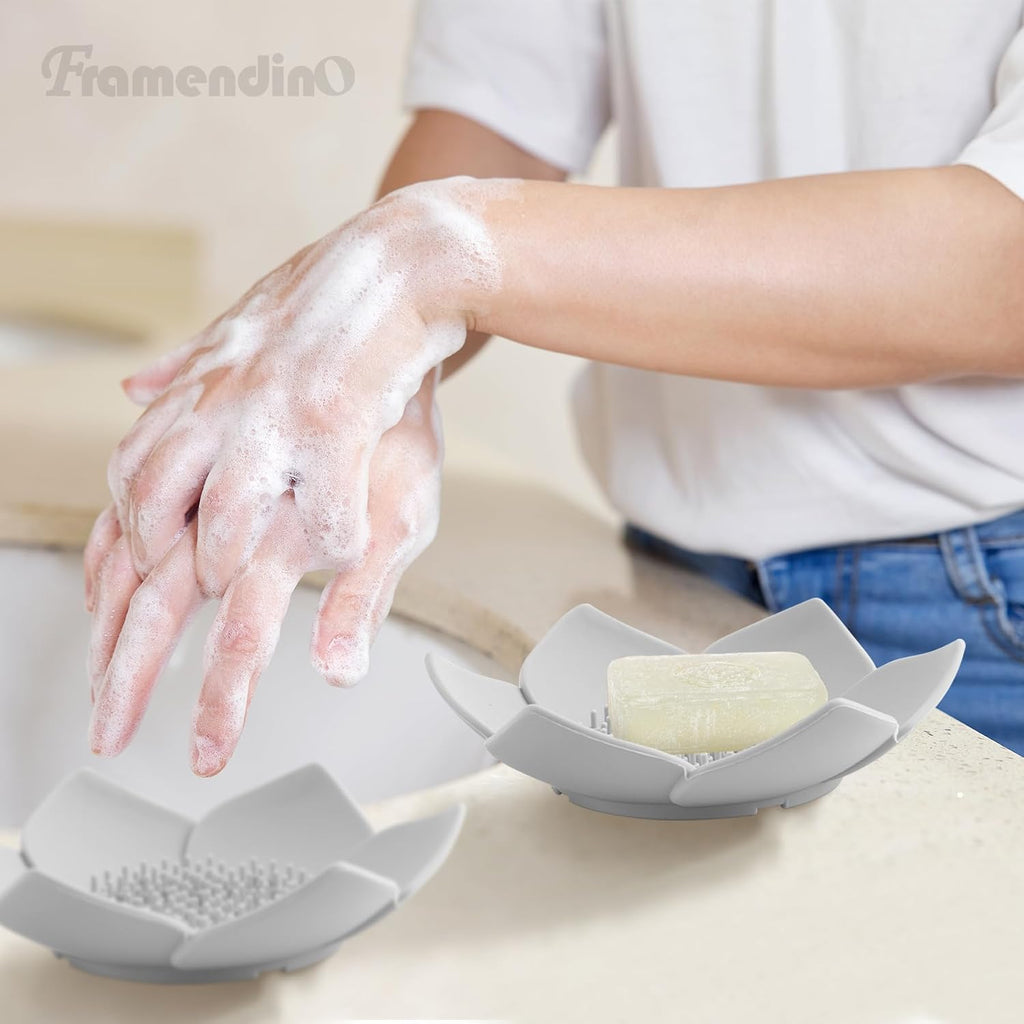 Framendino, 4 Pack Silicone Soap Dishes, Flexible Non-Slip Floral Shaped Design Self-draining Sponge Bar Holder Flower Shape Saver for Shower Bathroom Kitchen Sinks