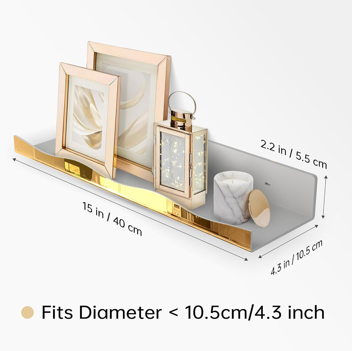 YMVV 15.7 in Large Golden Reflective Acrylic Mounted Floating Shelf, Perfume Organizer Shelf, Modern Bathroom Storage Toy Display Organizer Decor 4 Pack