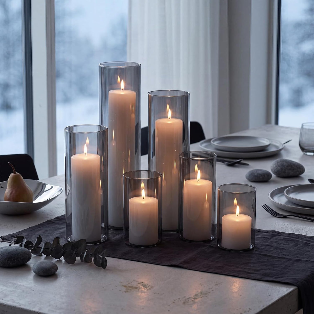 Shihanee 6 Glass Cylinder Vase Pillar Candle,White, Smoky Black,Set of 6