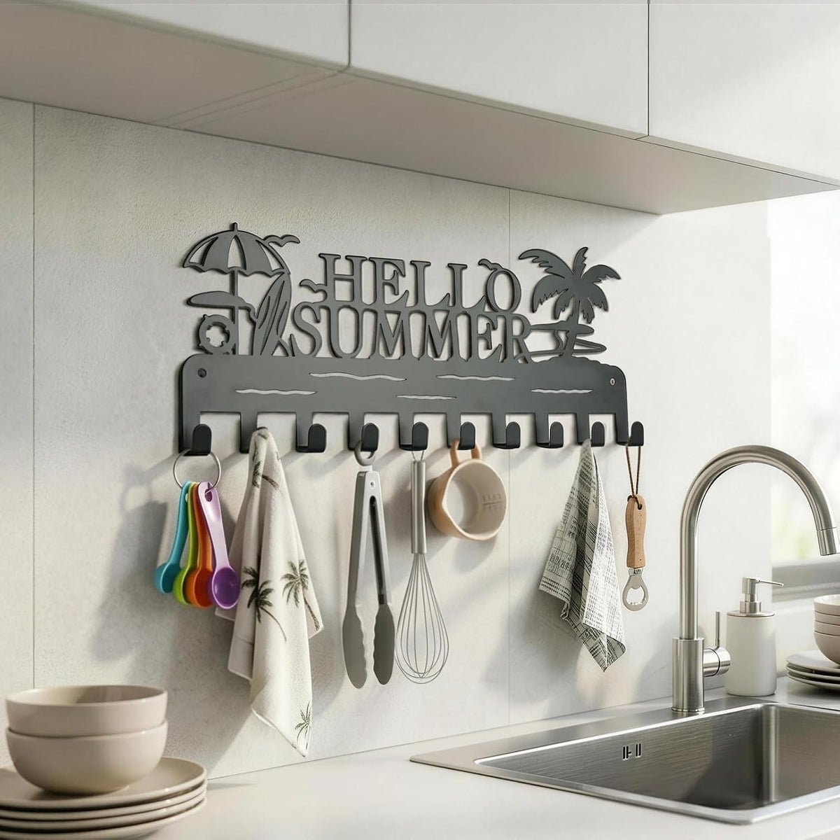 Metal Key Holder Wall Mount, Coastal Beach Key Rack Hooks, Hello Summer