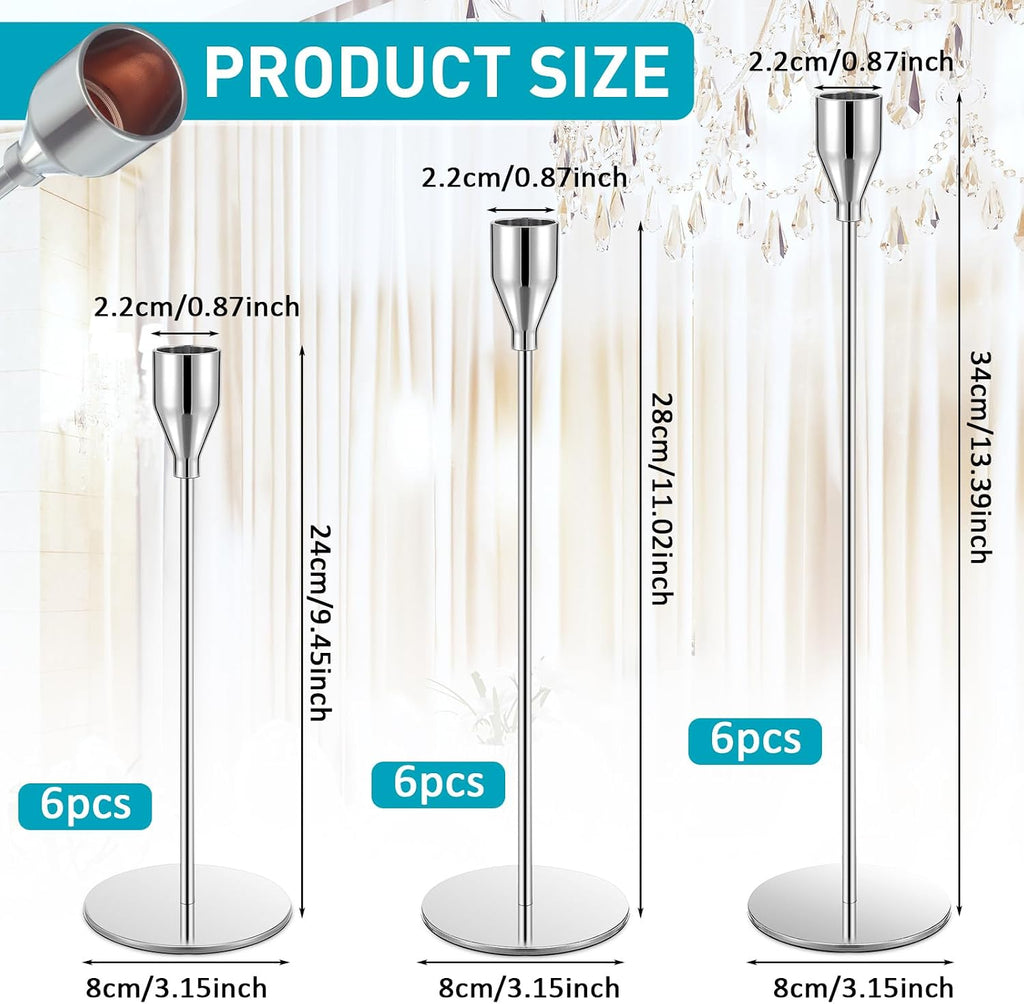 18 Pcs Silver Tall Taper Candle Holders, 3 Sizes, Fits 3/4" Candles