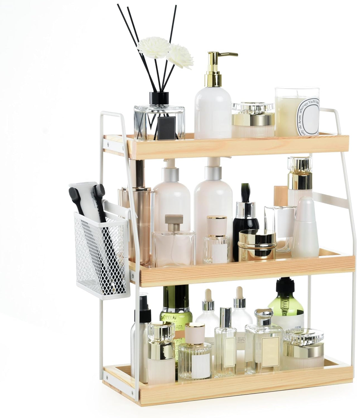 Uneviesyka Bathroom Counter Organizer, 3-Tier Standing Storage Shelf with Basket, Wood Tray for Skincare Vanity Organizer(White)