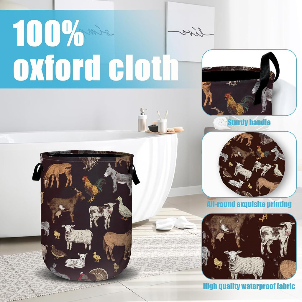 Cute Farm Animals Laundry Basket, Laundry Hamper Collapsible Oxford Cloth with Handle Clothes Storage Bin for Bathroom Laundry Room Bedroom 15.7 X 20 Inch