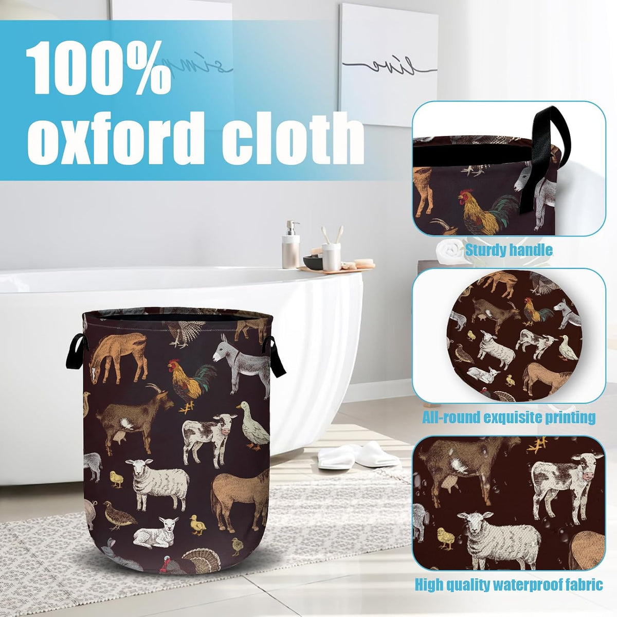 Cute Farm Animals Laundry Basket, Laundry Hamper Collapsible Oxford Cloth with Handle Clothes Storage Bin for Bathroom Laundry Room Bedroom 15.7 X 20 Inch