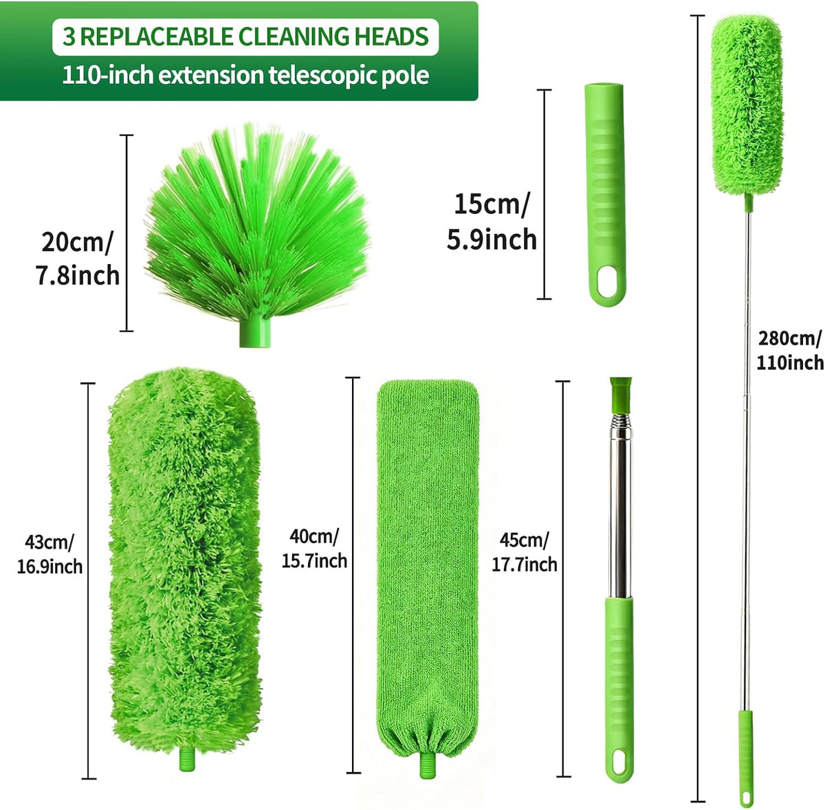 Cobweb Duster with Extension Pole, Washable Cleaning Duster Kit with 3 Duster Heads,15-110-Inch Telescoping Pole for high Ceiling Fans Duster,Crevice Brush, Corner Brush，Spider Web Brush