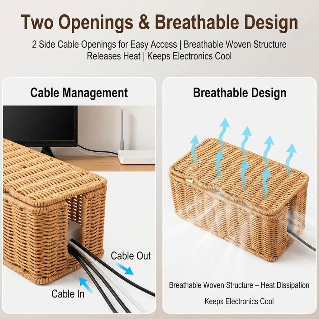 Cable Management Box, Handmade Scalloped Rattan Cable Organizer
