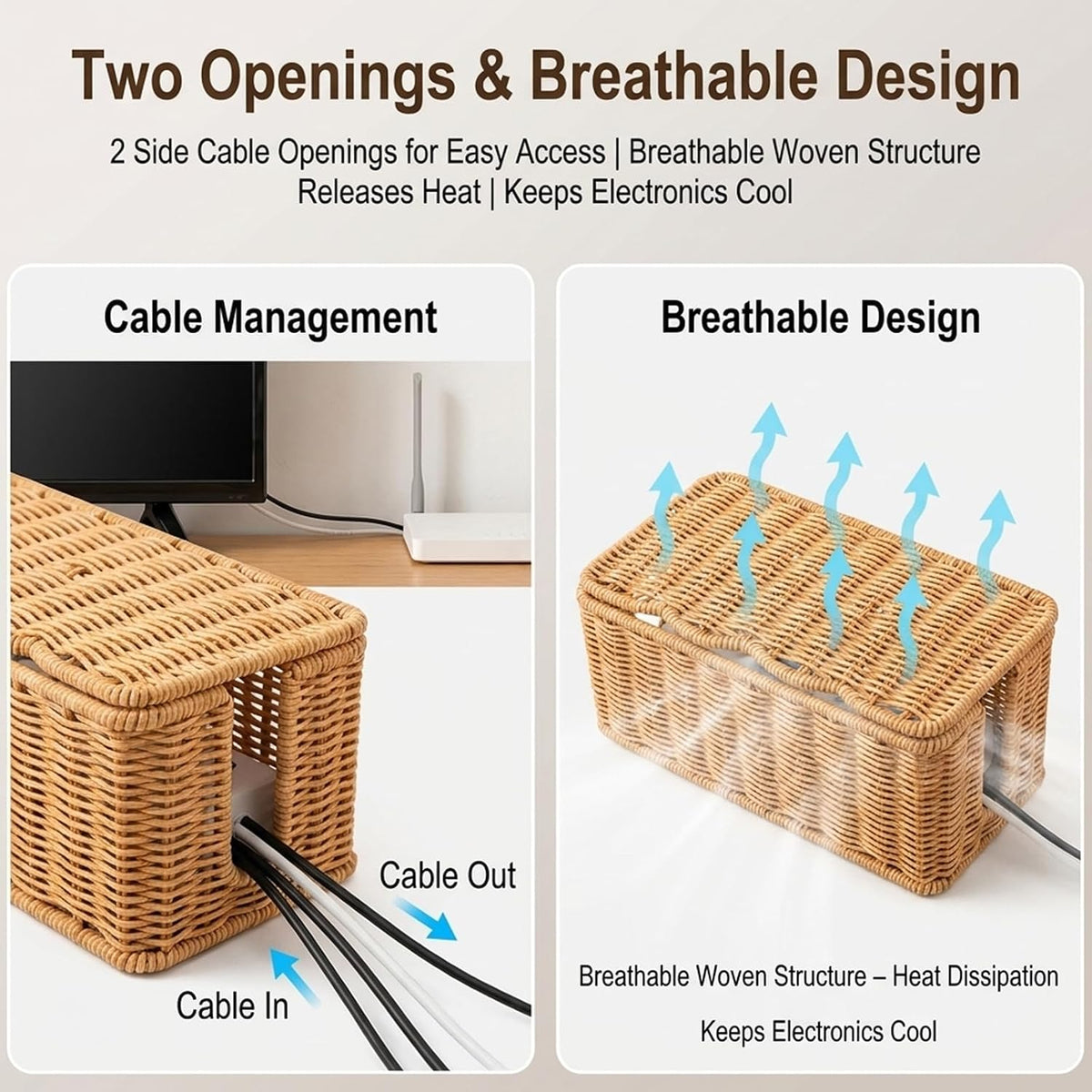 Cable Management Box, Handmade Scalloped Rattan Cable Organizer