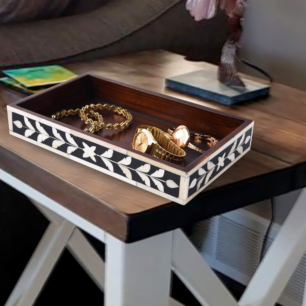Handicrafts Home Bone Inlay Black Decorative Organizer Vanity Tray, 10x6