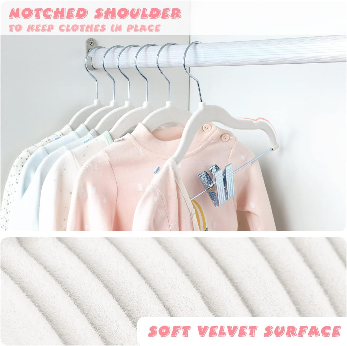 ManGotree 11.8'' Baby Velvet Hangers with Adjustable Clips 16 Pack White
