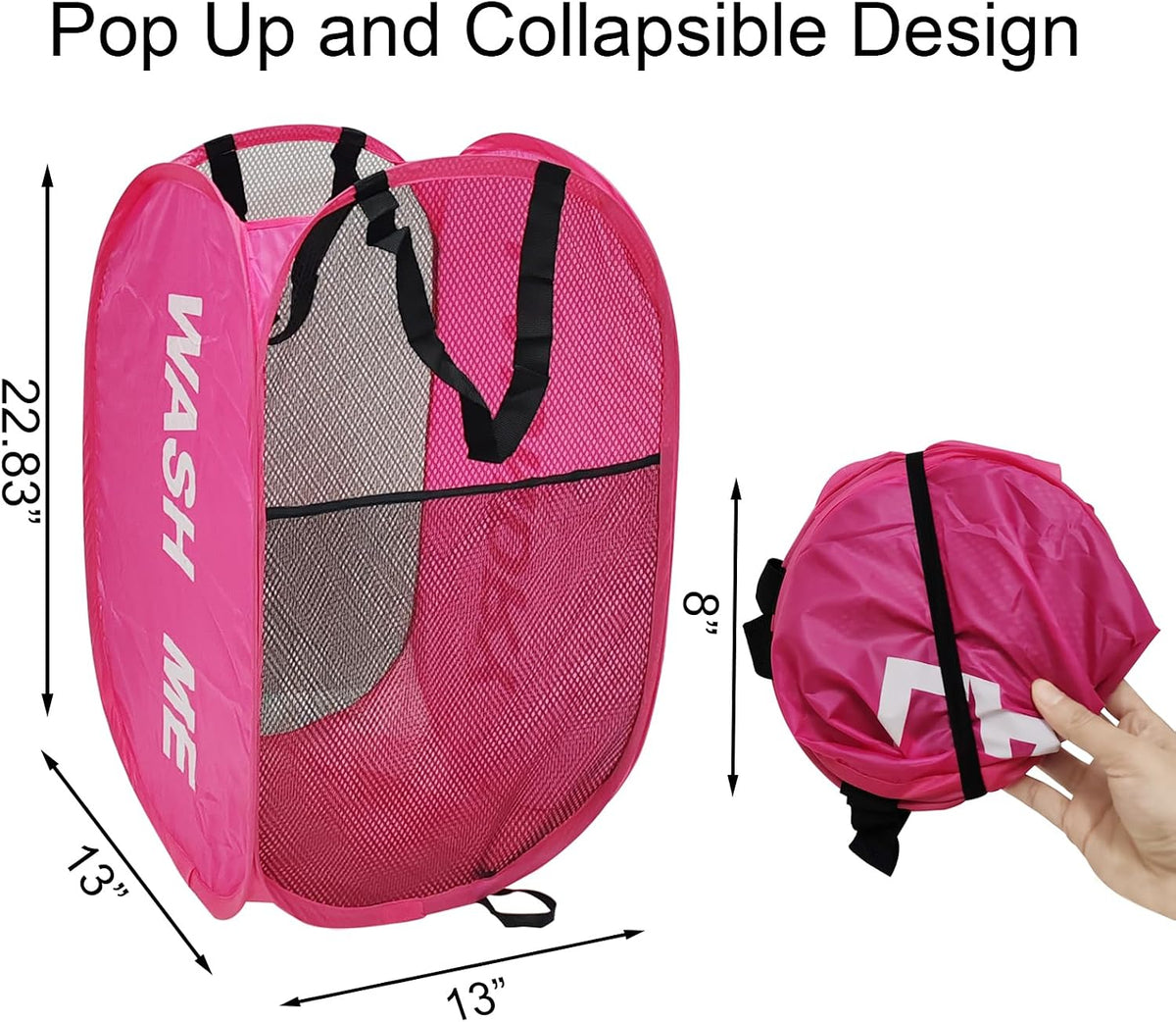 Pack of 2 Mesh Pop Up Hampers Collapsible Laundry Baskets for Dirty Clothes Storage With Side Pocket for Students, College Dorm, Apartment (Grey+Pink)