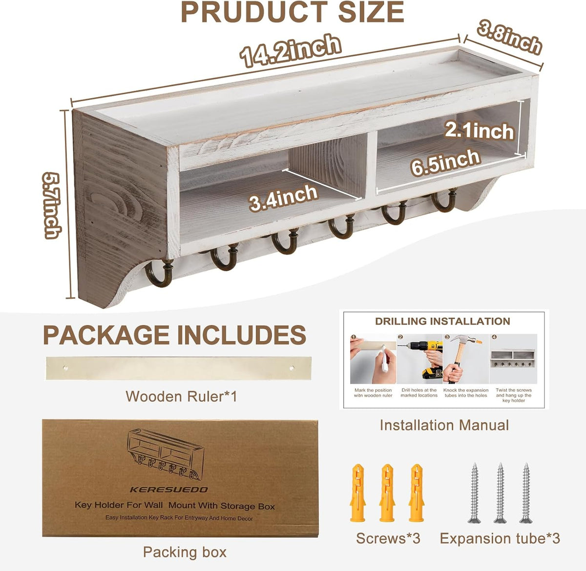 Key Holder Wall Mount with Mail Organizer, 6 Hooks & Shelf, White