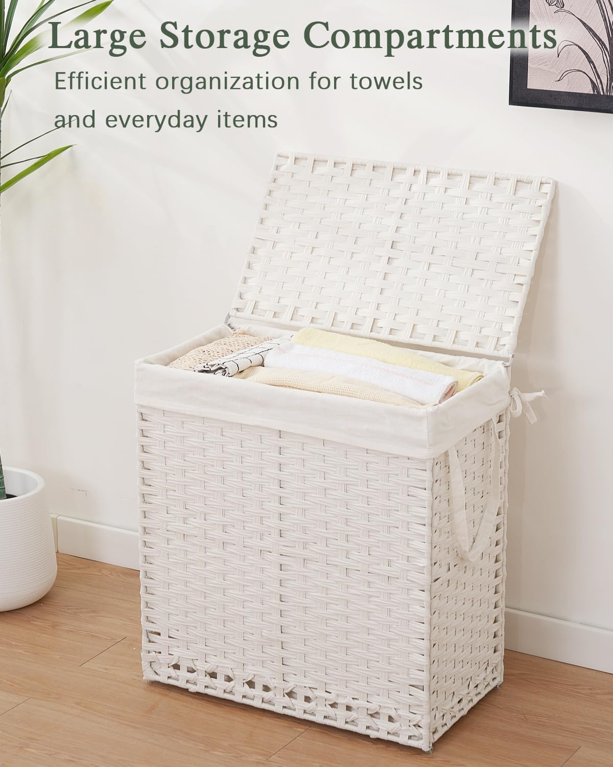 SETVSON Laundry Hamper with Lid Wicker Laundry Basket, White