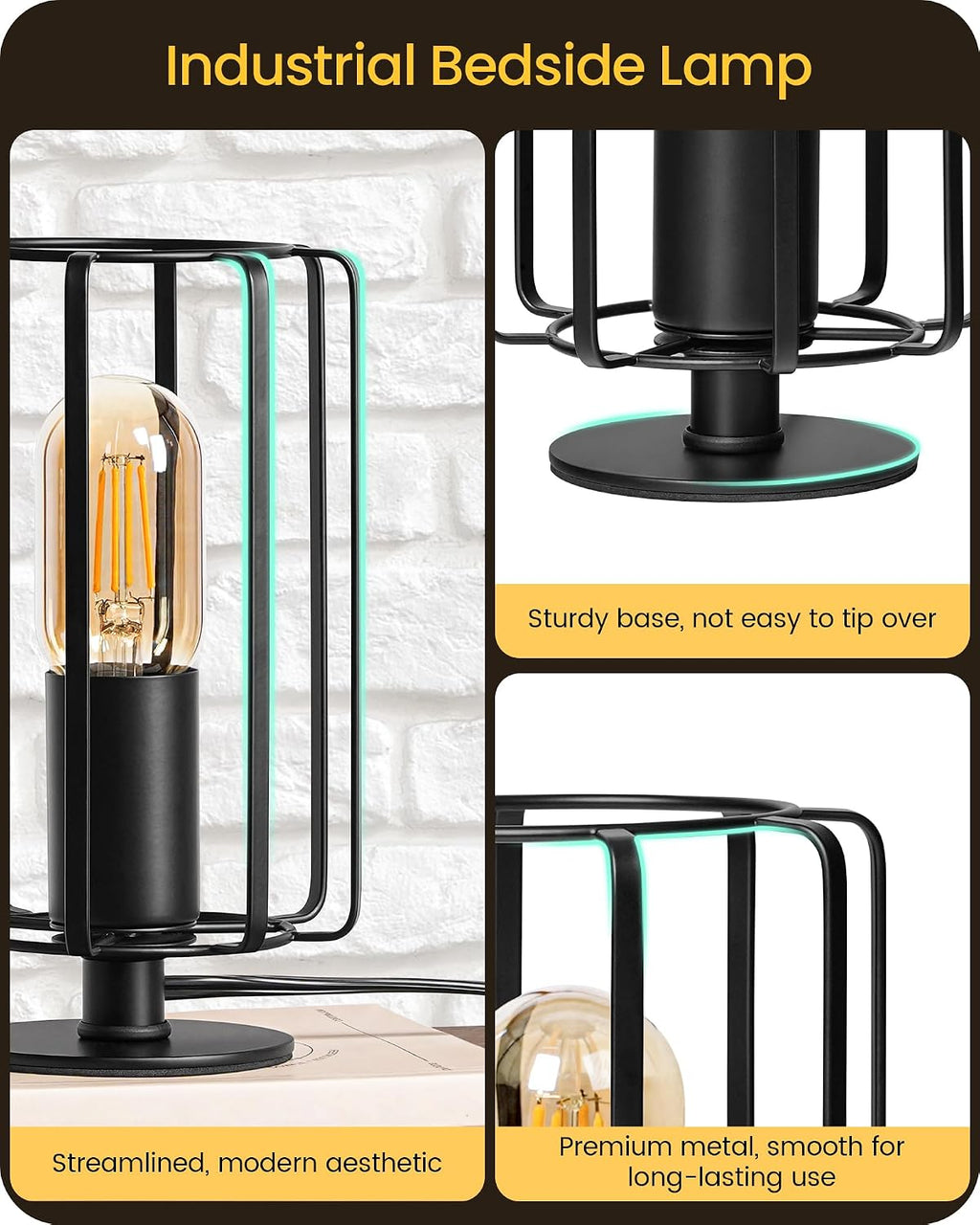 Industrial Table Lamp, Fully Dimmable Small Bedside Lamp, Plug in