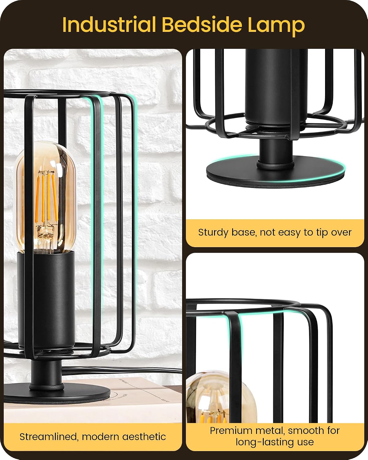 Industrial Table Lamp, Fully Dimmable Small Bedside Lamp, Plug in